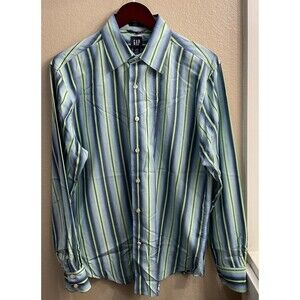 Gap Fitted Premium Mens M 15-15 1/2 Blue Green Striped Long Sleeve Button Up U